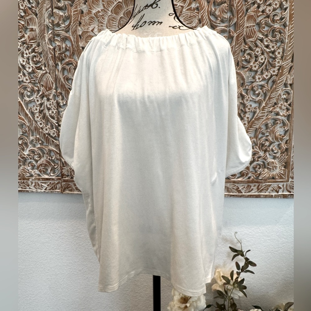 Maria Valentina White Viscose Blouse w/ Gathered Sleeves & Stretch Neckline